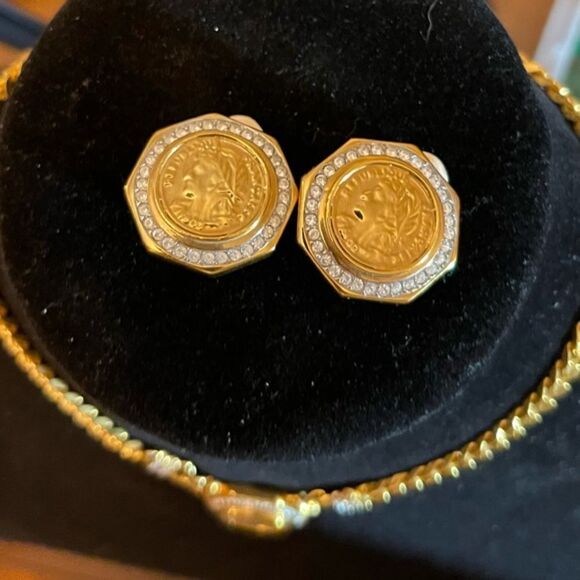 Vintage Ancient Roman Greek Coin Rhinestone Necklace and Clip on Earring Set - Picture 5 of 8